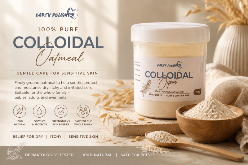 A picture of our colloidal oatmeal tub with a list of benefits such as gentle care for sensitive skin
