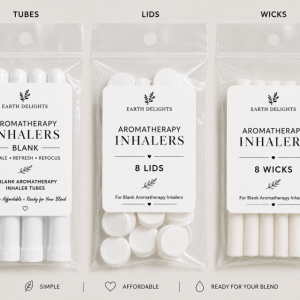 Earth Delights blank aromatherapy inhalers DIY kit showing 8 white tubes, 8 lids, and 8 cotton wicks in clear packaging