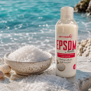 An image of our epsom salts bottle with a ocean view in the background