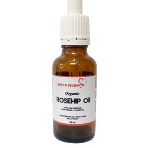 30ml bottle of organic rosehip carrier oil for skincare.