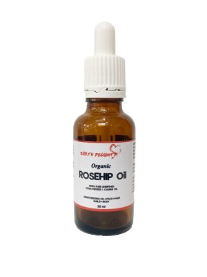 30ml bottle of organic rosehip carrier oil for skincare.