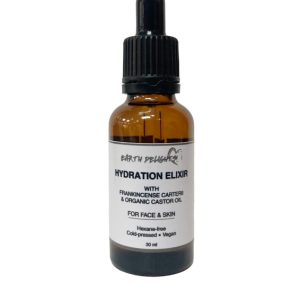 A 30ml dropper bottle of Hydration Elixir with Frankincense Carterii on display for a skincare