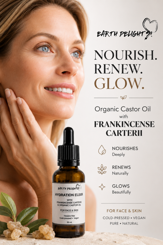 A woman with glowing, radiant skin in an advertisement for Hydration Elixir with Frankincense Carterii.