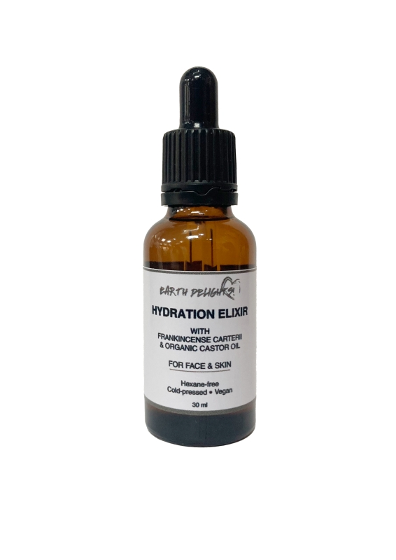 A 30ml dropper bottle of Hydration Elixir with Frankincense Carterii on display for a skincare
