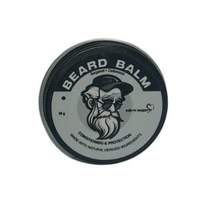Metal tin containing beard balm for nourishing, softening and shaping.